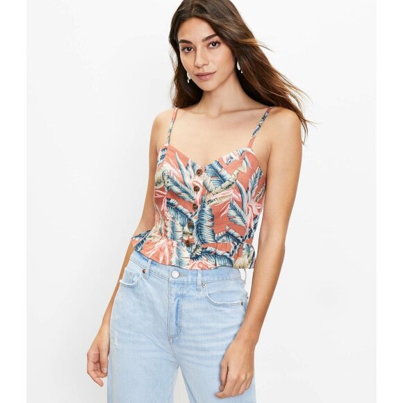 Loft Tropical Summer Crop Top Cami Linen Blend Smocked Back‎ Adj Strap Size 8 - Picture 3 of 5